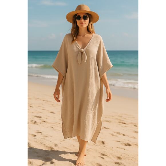 New Easel Kaftan Dress Small Beige Oversized Boho Cotton Tie Front   Lounge - Picture 1 of 13